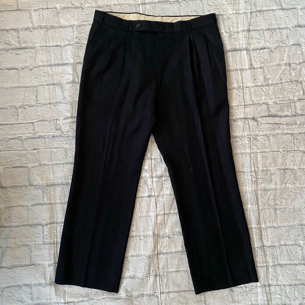 Men 36 pleated stripe dress pants black